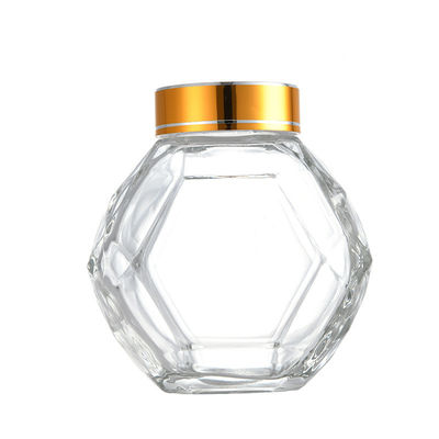 acheter Couvercle noir rouge en métal de Honey Bottle With Golden Silver d'hexagone en verre de 200ML 380ML fabrication en ligne